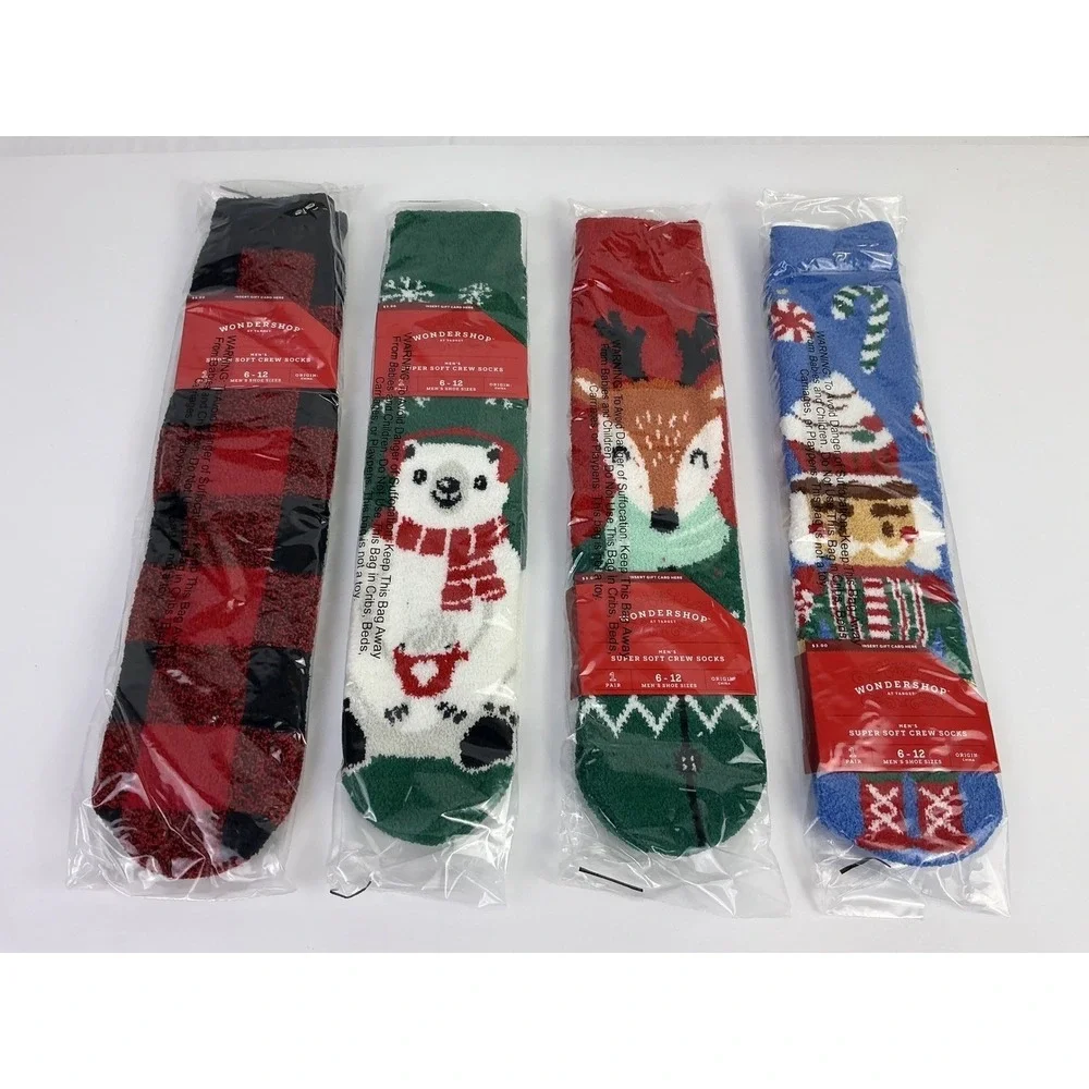 Bundle 4 Pair WonderShop Men's Super Soft Crew‎ Socks 6-12 Holiday Christmas